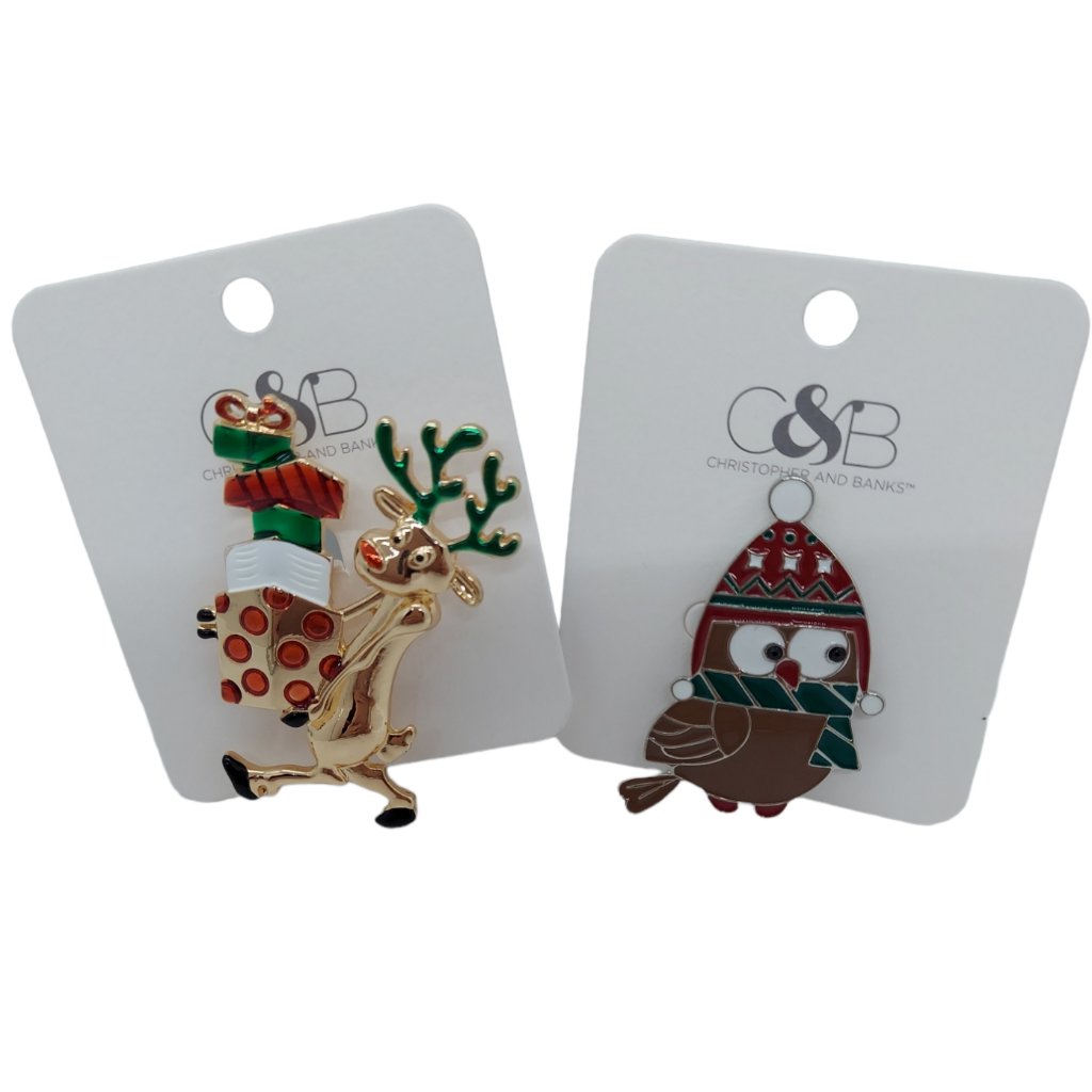 Chrisopher & Banks Set Of 2 Christmas Pins Reindeer & Owl Nwt